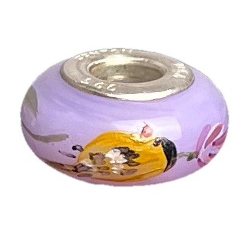 Fenton Lilac Purple Glass Bead Yellow Bird Floral Sterling Silver 925 Core Charm